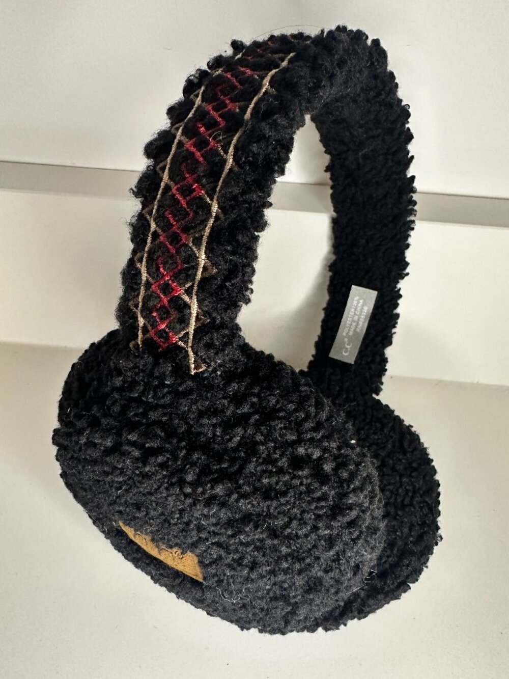C.C. Black Sherpa Earmuffs Embroidered Cozy Winter Ear Warmers
